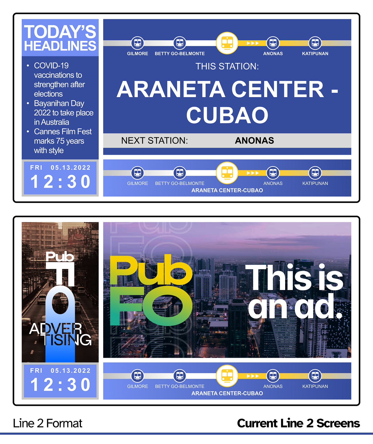 A mockup of the current screens shown on the TUBE system for the Line 2 format, note the more standard aspect ratio. Left: Headlines and Time and Date, Center: Main Content and Ads, Bottom: Progress Map