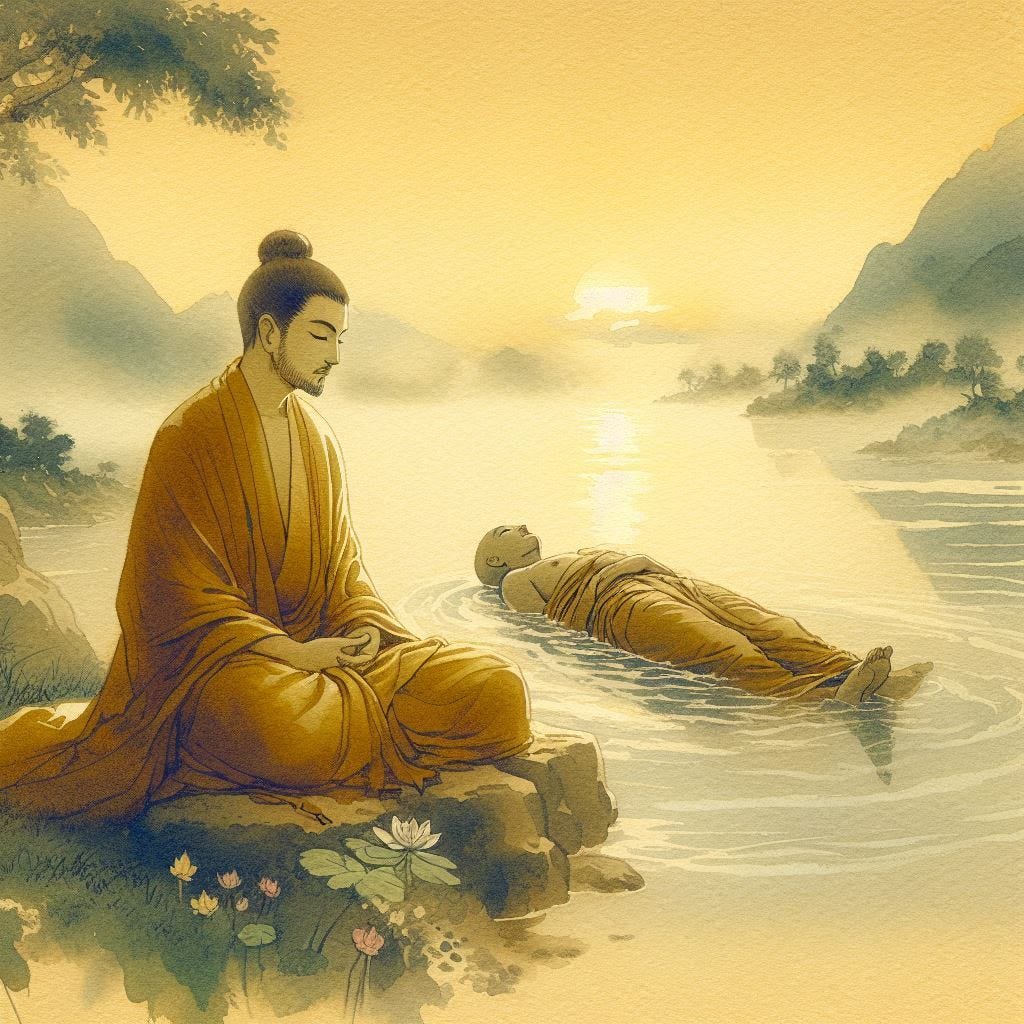 Siddhartha sits on the bank of a river as a body floats past him in the water. Contemplative. Spiritual. Beautiful. Soft, golden glow. Japanese water color. Siddhartha sits on the bank of a river as a body floats past him in the water. Contemplative. Spiritual. Beautiful. Soft, golden glow. Japanese water color.
