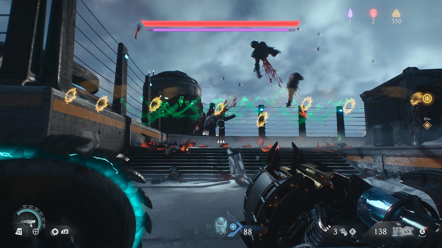 Doomguy looks at a group of enemies who have exploded after having a shield thrown at them.