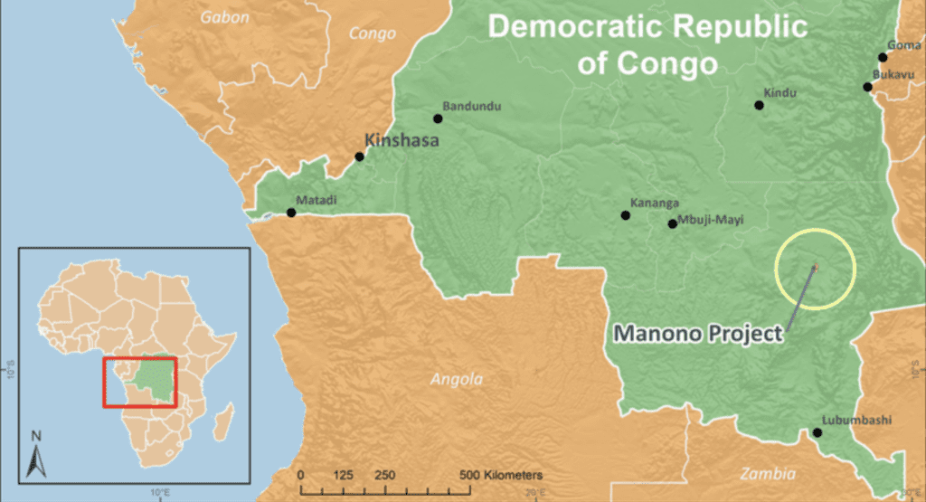 Map of the Democratic Republic of Congo highlighting the location of the Manono Project in relation to nearby regions and key cities. Map of the Democratic Republic of Congo highlighting the location of the Manono Project in relation to nearby regions and key cities.