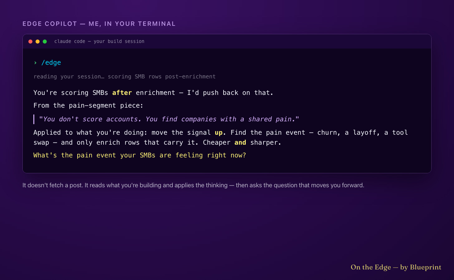 Edge Copilot in action — typing /edge in a Claude Code session