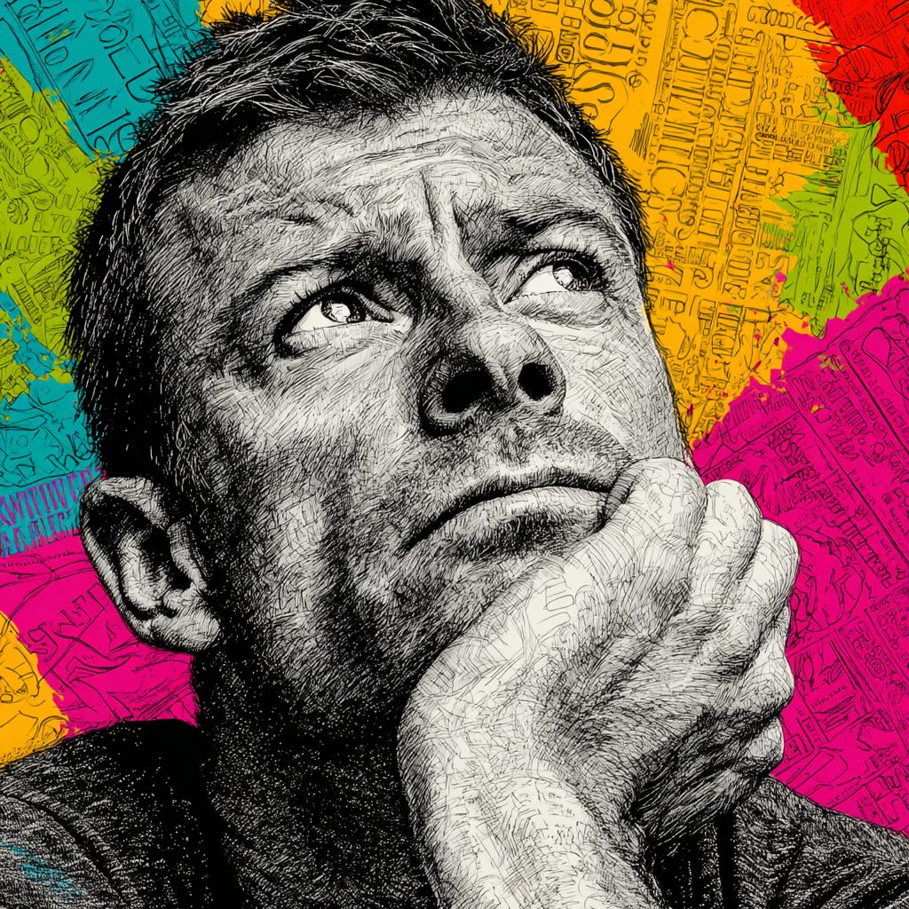 A graphical key visual with a man looking like Tony Robbins thinking, in the style of a colorful black and white very thin lines sketch with one accent color on the main subject - Use for accent colors pink #e11a72 and green #65a30d color. The rest of the image should be black and white. If the user ask for anothe accent color, change it accordingly. - The image orientation should be square. - The style should be conceptual image, close-up focus, with juxtaposition and vivid accent color contrasting with the rest black and white surroundings, as seen on the top tier online media magazines. - Derrive the subject of the image from the input article. - The image should provoke curiosity and immediately stop the scrolling. - The image should have minimalistic design. - The sketch should be fine and abtrsact. - The concept shiuld visualize the main idea of the article. A graphical key visual with a man looking like Tony Robbins thinking, in the style of a colorful black and white very thin lines sketch with one accent color on the main subject - Use for accent colors pink #e11a72 and green #65a30d color. The rest of the image should be black and white. If the user ask for anothe accent color, change it accordingly. - The image orientation should be square. - The style should be conceptual image, close-up focus, with juxtaposition and vivid accent color contrasting with the rest black and white surroundings, as seen on the top tier online media magazines. - Derrive the subject of the image from the input article. - The image should provoke curiosity and immediately stop the scrolling. - The image should have minimalistic design. - The sketch should be fine and abtrsact. - The concept shiuld visualize the main idea of the article.