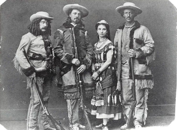 Left to right: Ned Buntline, Buffalo Bill Cody, Giuseppina Morlacchi, and Texas Jack Omohundro as The Scouts of the Prairie in 1872 and 1873.