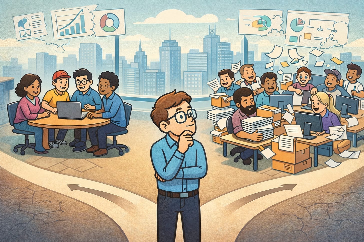 man at a crossroads looking at two team structures and both are happy and productive.