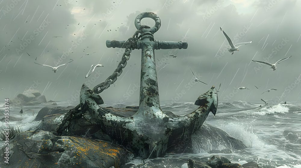 Rusty Anchor on Rocky Shore in Stormy Sea 3D Illustration Rusty Anchor on Rocky Shore in Stormy Sea 3D Illustration