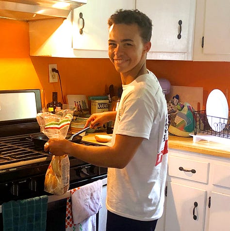 11-year-old holding an electric drill celebrates building a cart, teenager trims his brother's hair, 17-year-old cooks at the stove