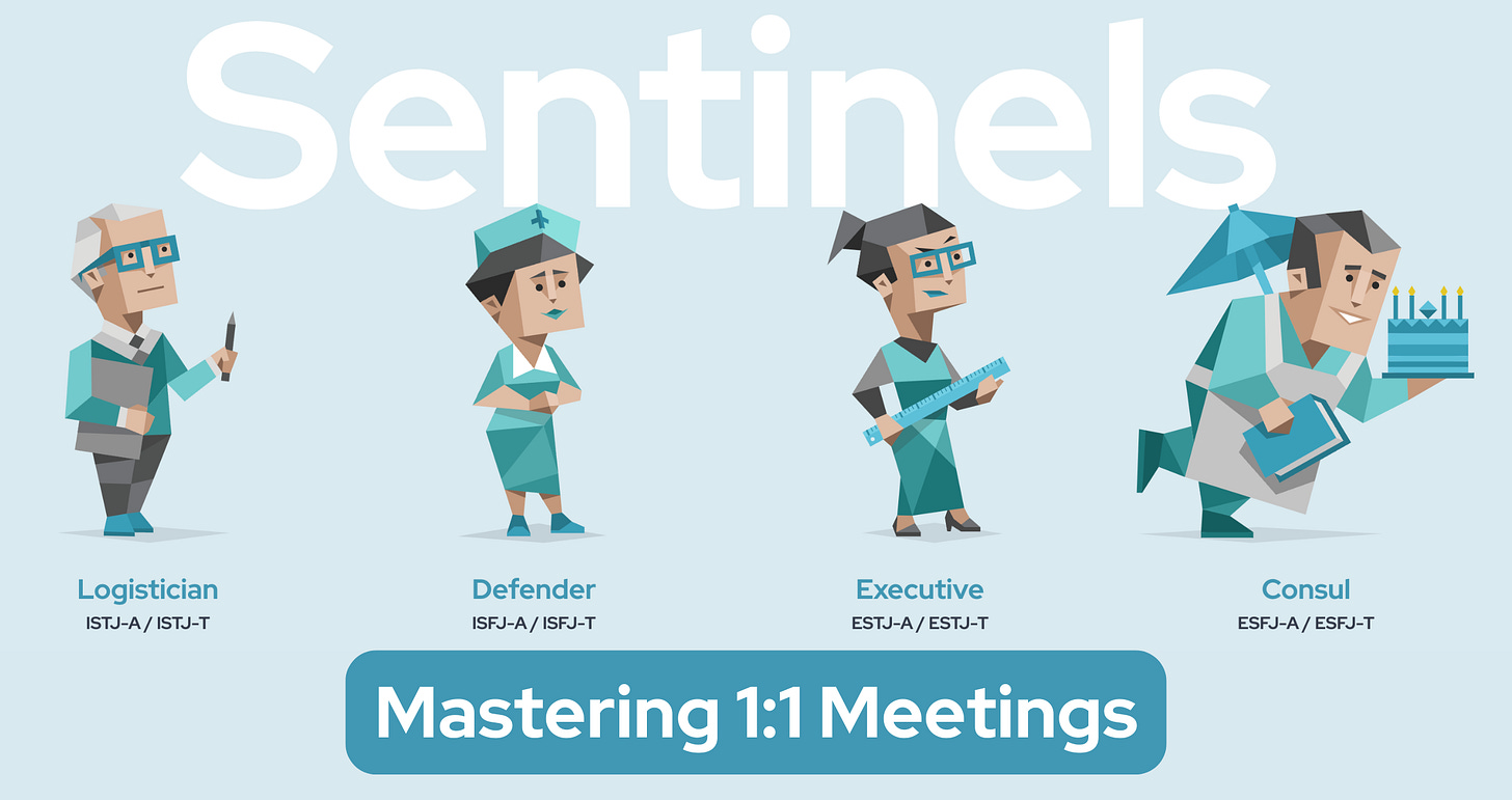 The word 'Sentinels' is prominently displayed, with four blue characters overlapping it - a Logistician, a Defender, an Executive, and a Consul. The type codes are also displayed: ISTJ-A / ISTJ-T, ISFJ-A / ISFJ-T, ESTJ-A / ESTJ-T, and ESFJ-A / ESFJ-T. Below, the words 'Mastering 1:1 Meetings' are shown.