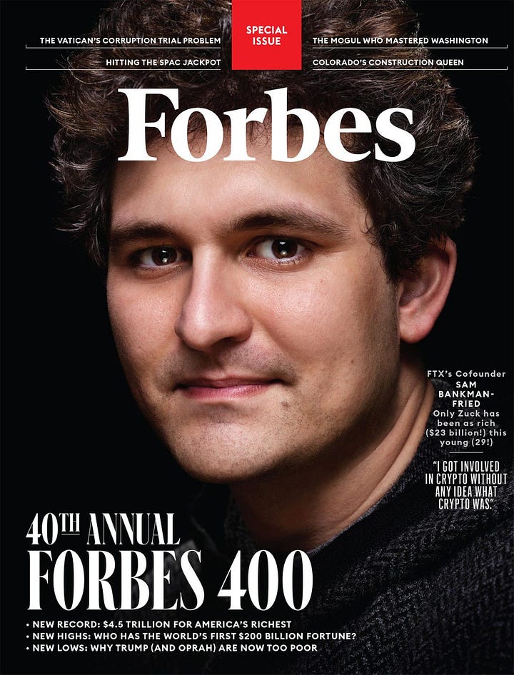 Two magazine covers, Fortune and Forbes, showing alleged fraudster Sam Bankman-Fried before his fall. Fortune asks "The next Warren Buffett?"