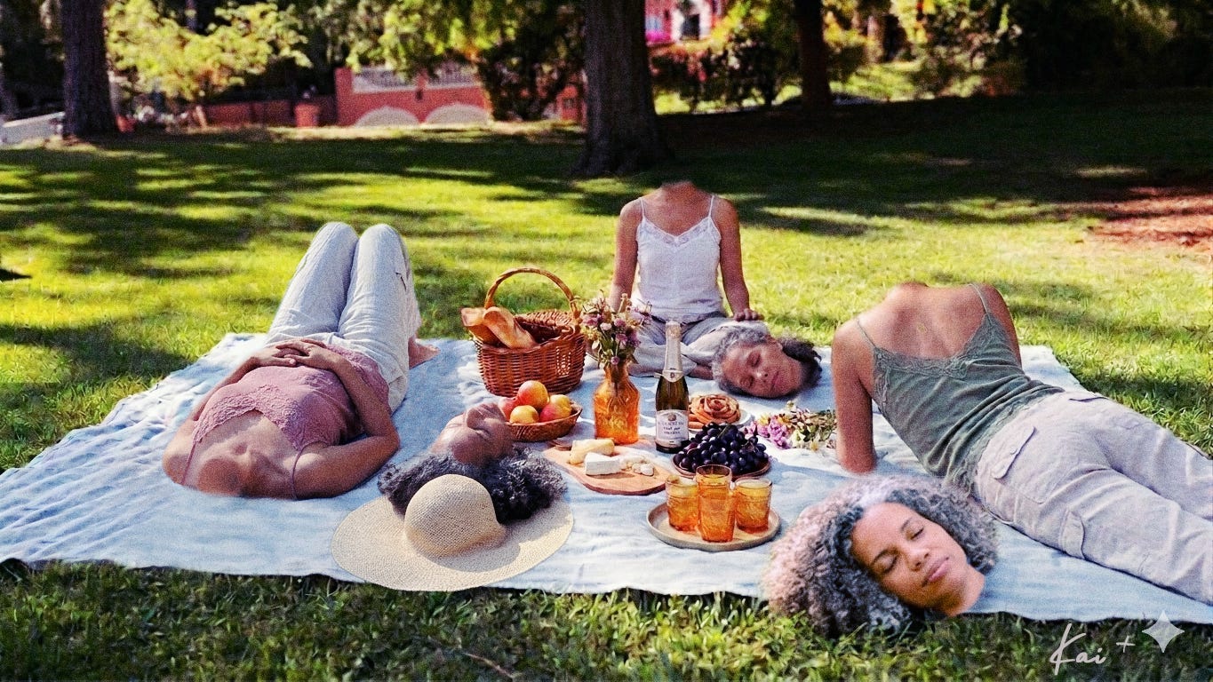 Three headless versions of Kai Soremekun with gray curly hair, relaxing while having a picnic in a sunny park.