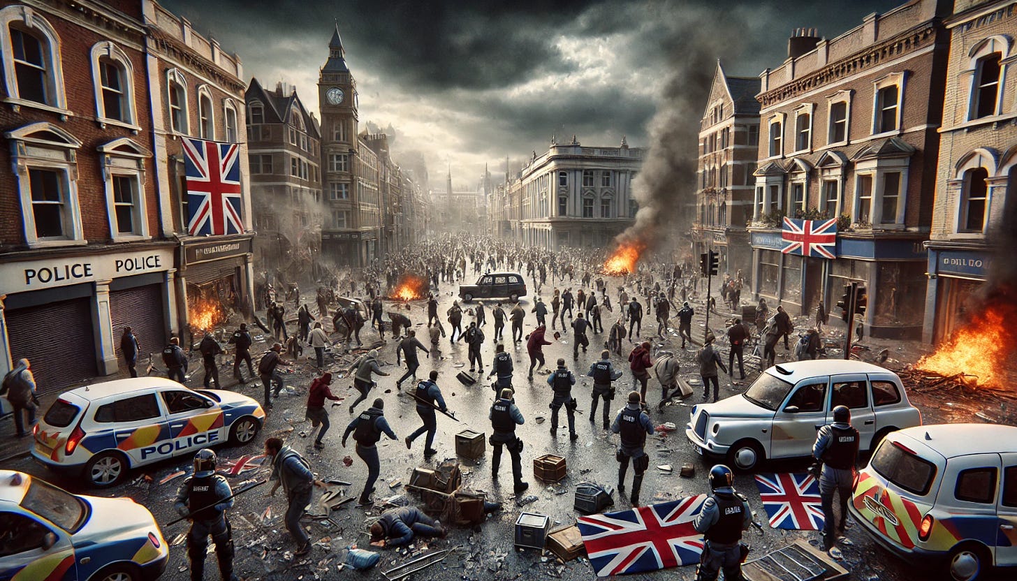 A realistic depiction of English people rioting in a modern city. The scene is chaotic with large crowds of people involved in various activities such as shouting, holding banners, and clashing with police. Some are throwing objects while others are setting small fires. The cityscape includes recognizable British architecture with damaged storefronts and overturned vehicles. The atmosphere is tense, with dark clouds overhead and smoke rising from multiple locations. The police are in riot gear, forming a line to control the crowd. The overall mood is one of unrest and conflict.