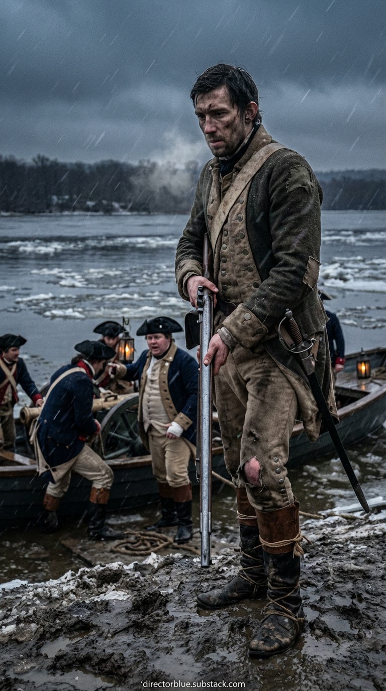 same subject new image IMAGE PROMPT FOR HISTORIC REENACTMENT EDUCATIONAL SERIES (Washington Crossing the Delaware  Battle of Trenton) (1776) Hyper-realistic cinematic reenactment still modern embedded war-photography look 916 vertical portra_image_1