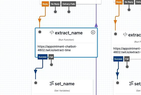 Screenshot of: Find and click on the widget named "extract_name". You will be configuring this widget to to use the code you previously created to extract a name from someone's text message.
Click on the SERVICE dropdown and select "appointment-chatbot"
Click the dropdown under ENVIRONMENT and select ui
Click on the FUNCTION dropdown and select "/extract-name"
Click the "extract_name_2" widget to the immediate right of the "extract_name" widget and repeat the same steps as above. Screenshot of: Find and click on the widget named "extract_name". You will be configuring this widget to to use the code you previously created to extract a name from someone's text message.
Click on the SERVICE dropdown and select "appointment-chatbot"
Click the dropdown under ENVIRONMENT and select ui
Click on the FUNCTION dropdown and select "/extract-name"
Click the "extract_name_2" widget to the immediate right of the "extract_name" widget and repeat the same steps as above.