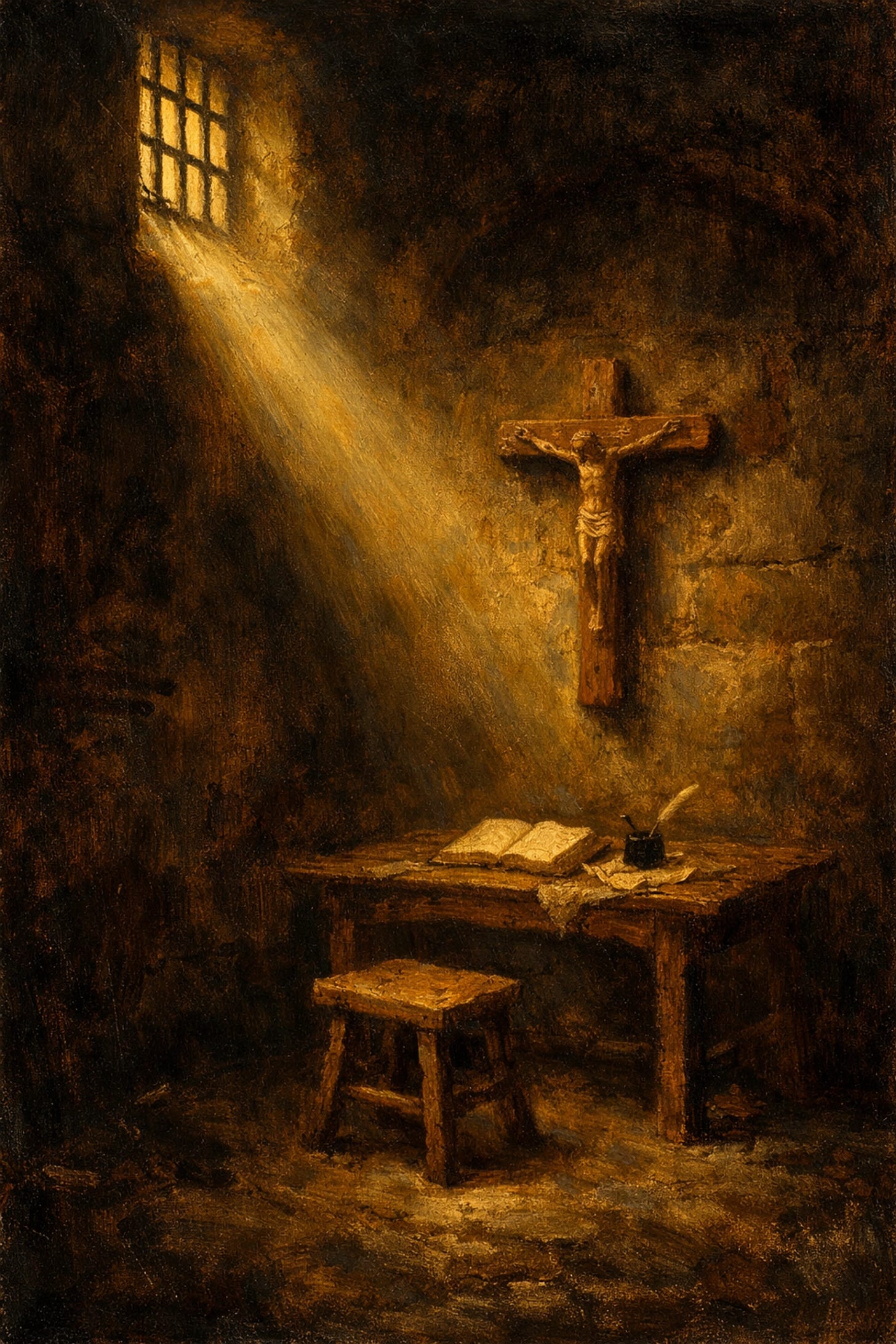 A wooden crucifix illuminated in a dark prison cell, symbolizing sacrificial love and Judeo-Christian tradition | Dr. Marcus Peter