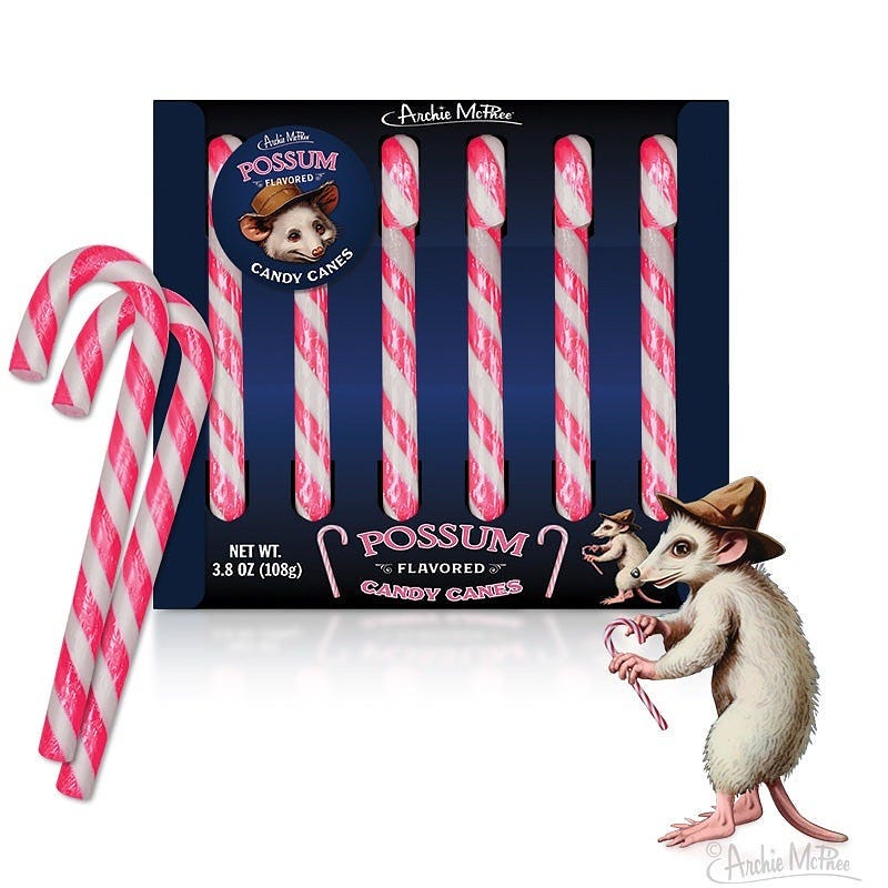 Image: Archie McPhee (Possum Flavored Candy Canes) Image: Archie McPhee (Possum Flavored Candy Canes)