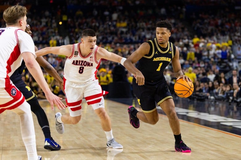 Trey McKenney dribbles the basketball.