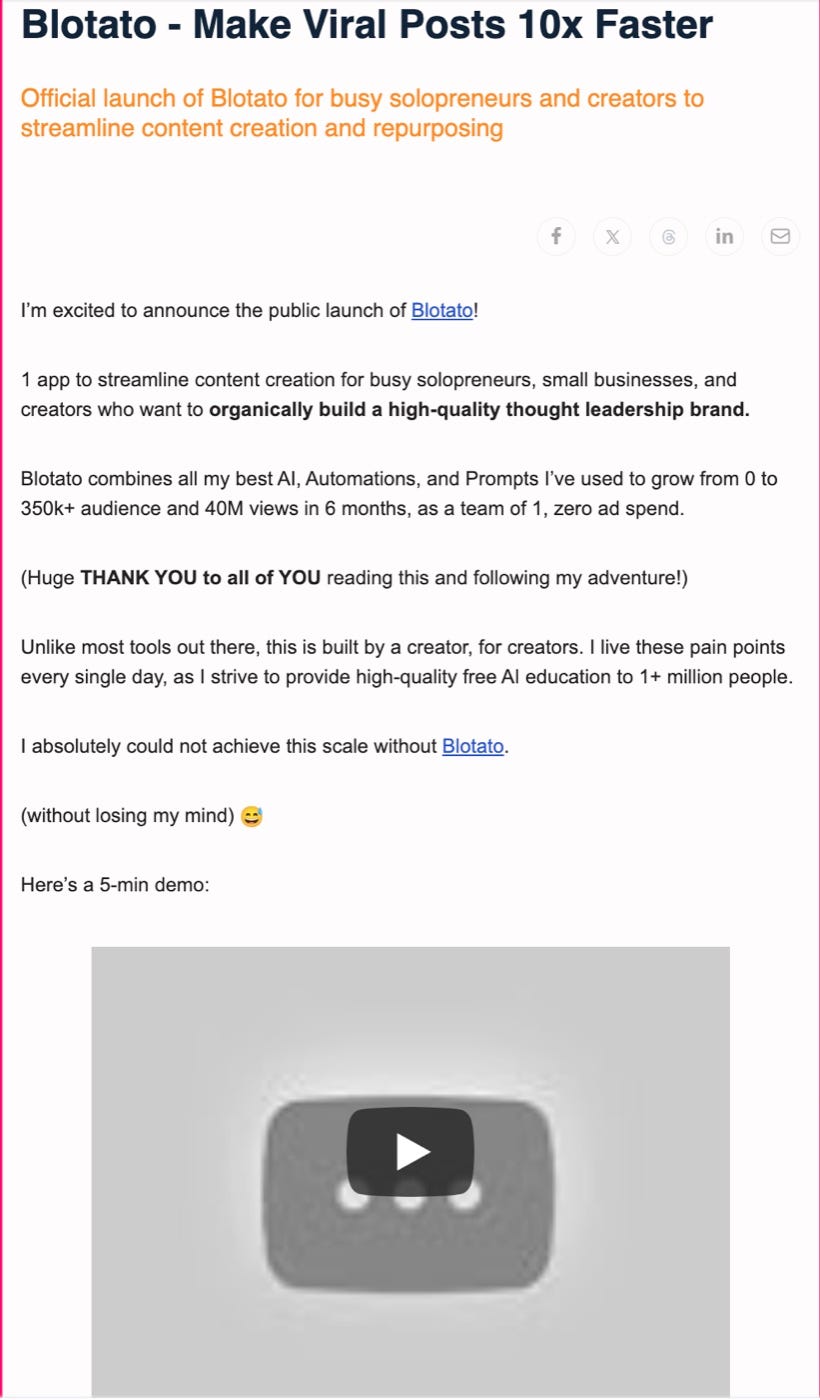 Blotato launch email showing the broken YouTube demo embed after the wrong video was made private