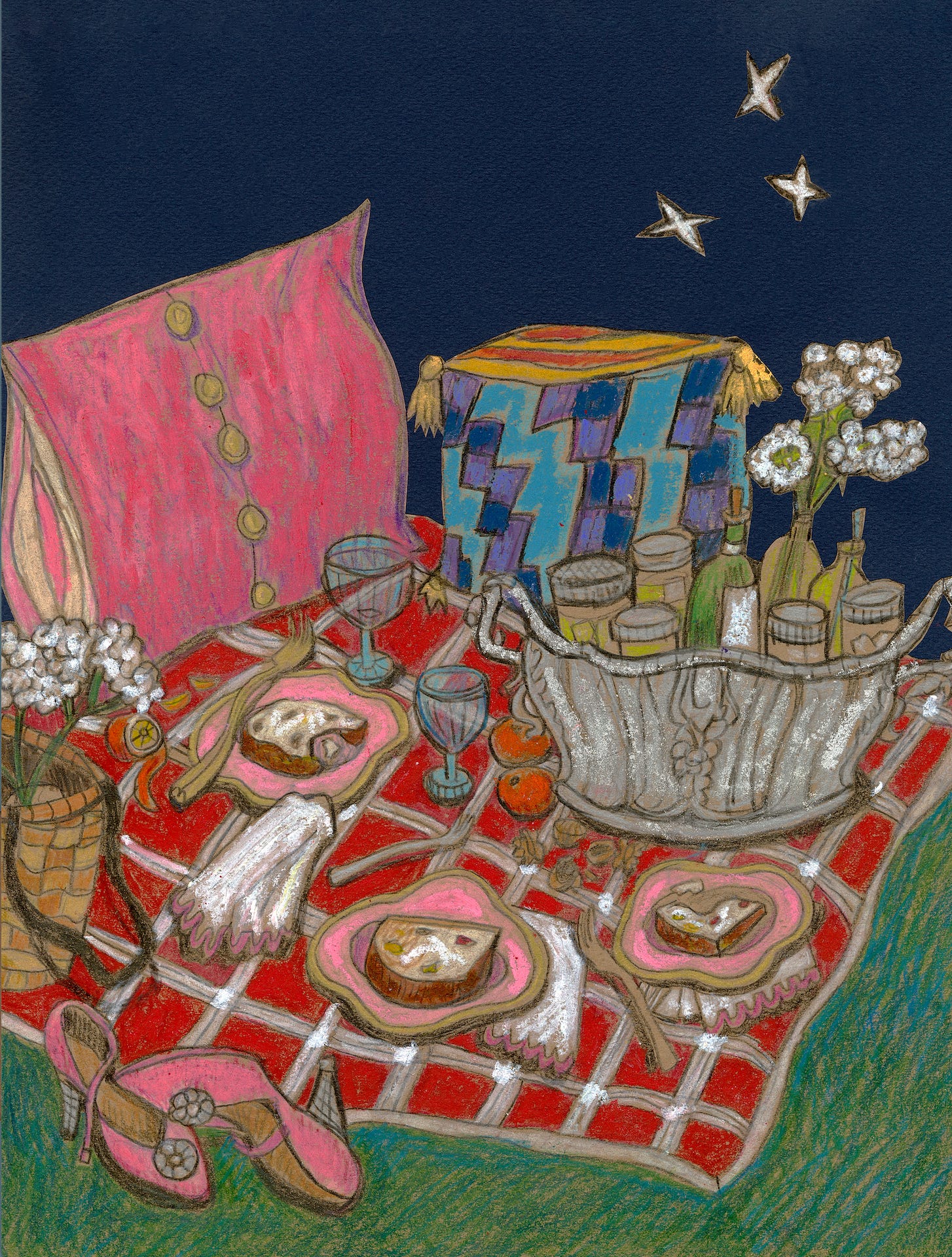 Illustrated nighttime picnic on a red blanket with food, drinks, flowers, and pink shoes under starry sky.