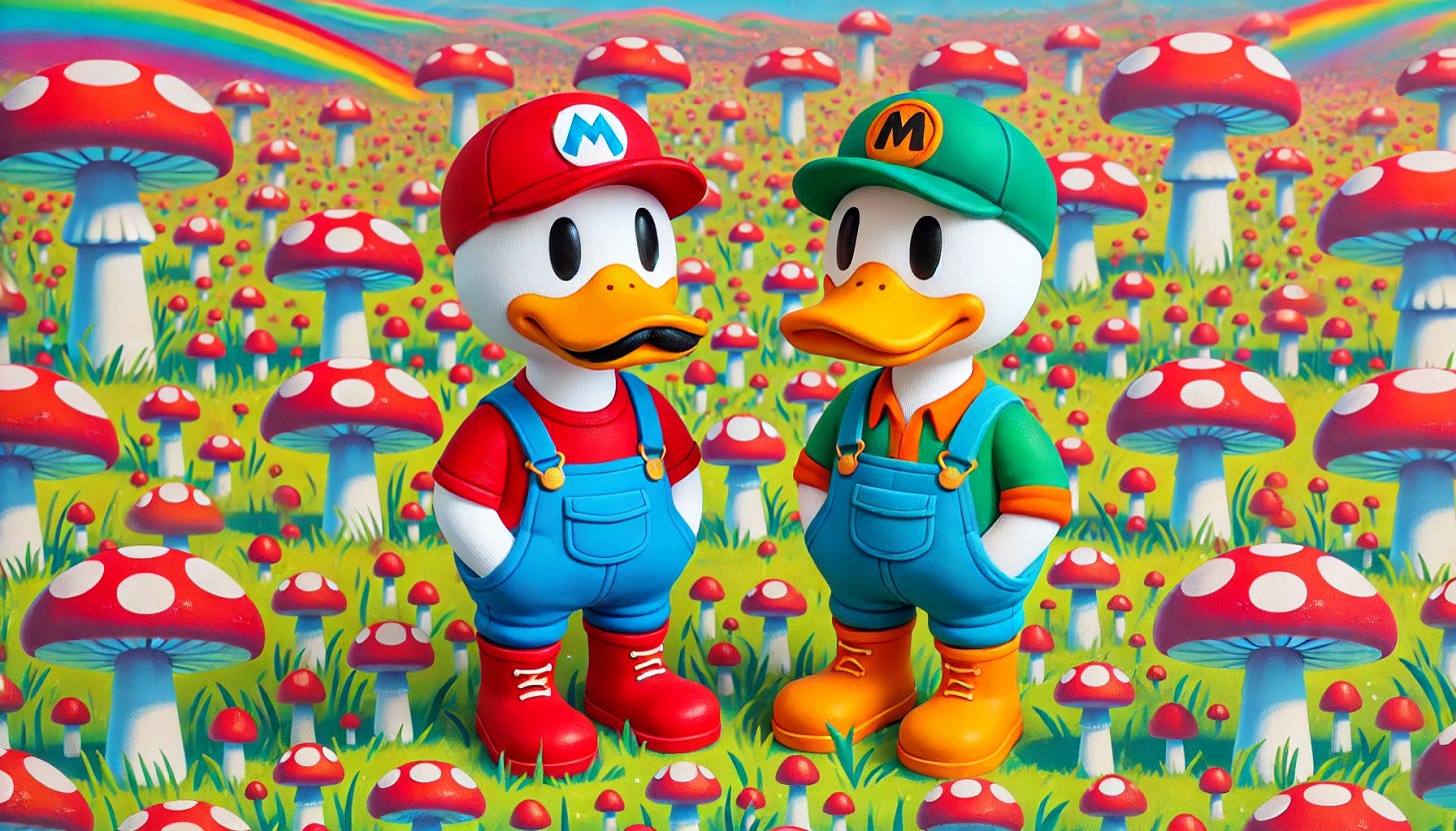 A colorful landscape featuring two cartoon ducks standing and facing each other. Both ducks are wearing blue overalls. The first duck has a red shirt, a black mustache, and is wearing a red hat with the letter 'M' on it. The second duck is wearing a green shirt, has a brown mustache, and is wearing a green hat with the letter 'L' on it. They are standing in a vibrant field filled with red-and-white mushrooms scattered around them, creating a whimsical atmosphere.