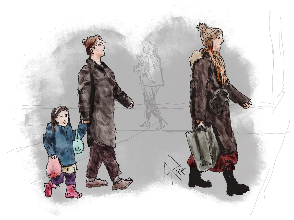 Two women and a child walking through a mall. The lead woman holds a shopping bag in her hand, while the following woman and child hold each other’s hand and the child also holds in her opposite hand a bag that contains cotton candy. Sketch art by Don Rice.