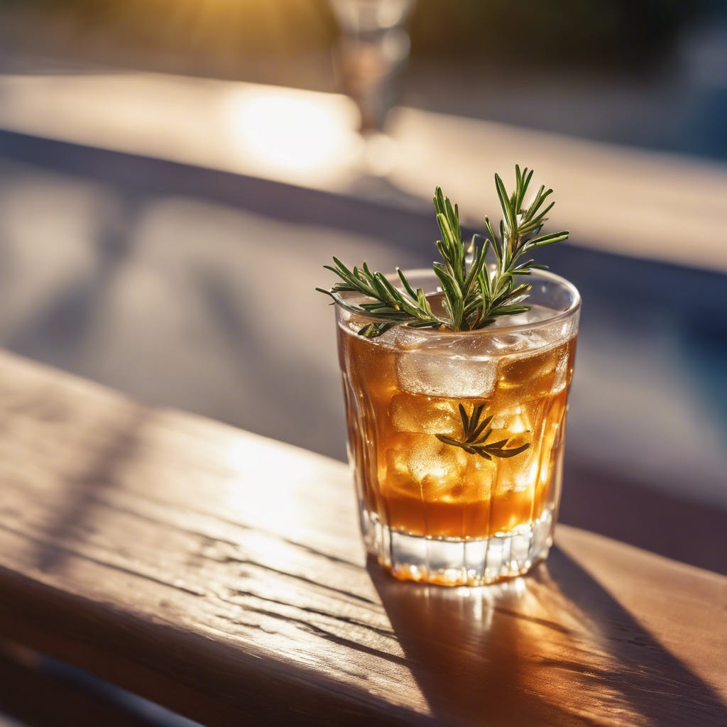 A choice adult beverage with a rosemary sprig, the natural glass resting upon a wooden ledge with midmorning's sunbeam alighting the two.