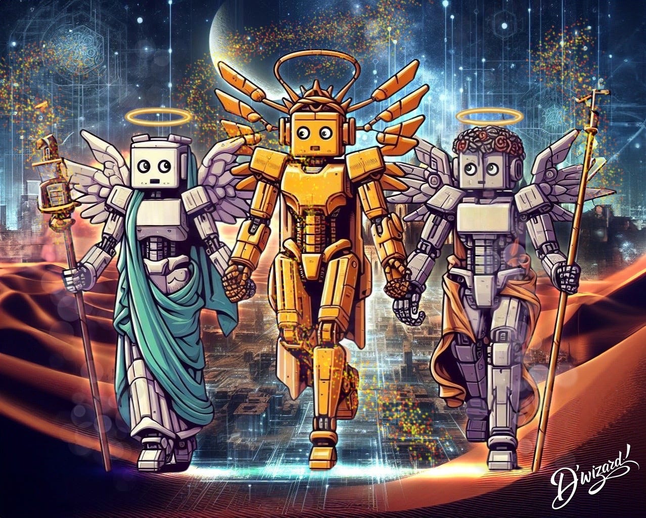 THE THREE WISE DROIDS EMERGED FROM AN ANCIENT DIGITAL DESERT
