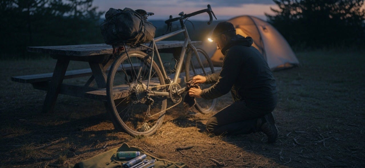 A cyclist kneels beside a loaded touring bike at dusk, cleaning the chain by headlamp.
