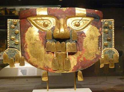Funerary Mask Sican (Lambayeque), Peru. 9th-11th century Hammered gold cinnabar copper overlays. Funerary Mask Sican (Lambayeque), Peru. 9th-11th century Hammered gold cinnabar copper overlays.