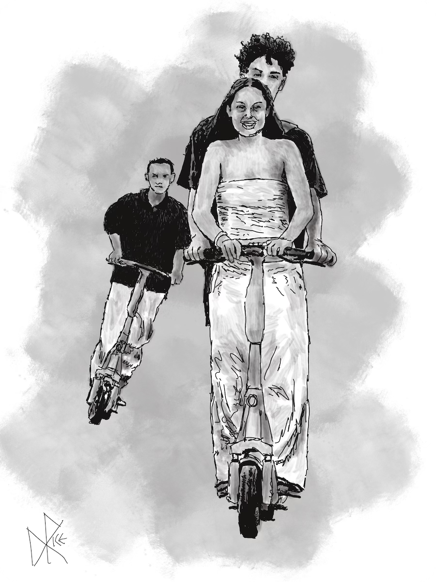 Inexperienced and helmet-hesitant young people racing electric scooters on a city sidewalk. Sketch art by Don Rice.