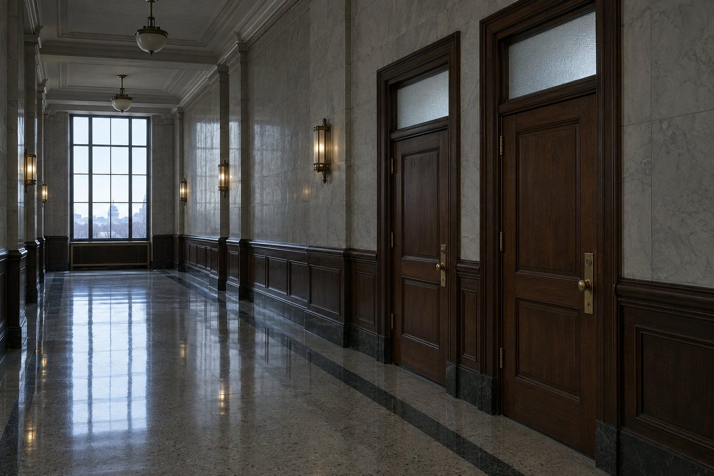 Marble government corridor with two identical closed wooden doors Marble government corridor with two identical closed wooden doors