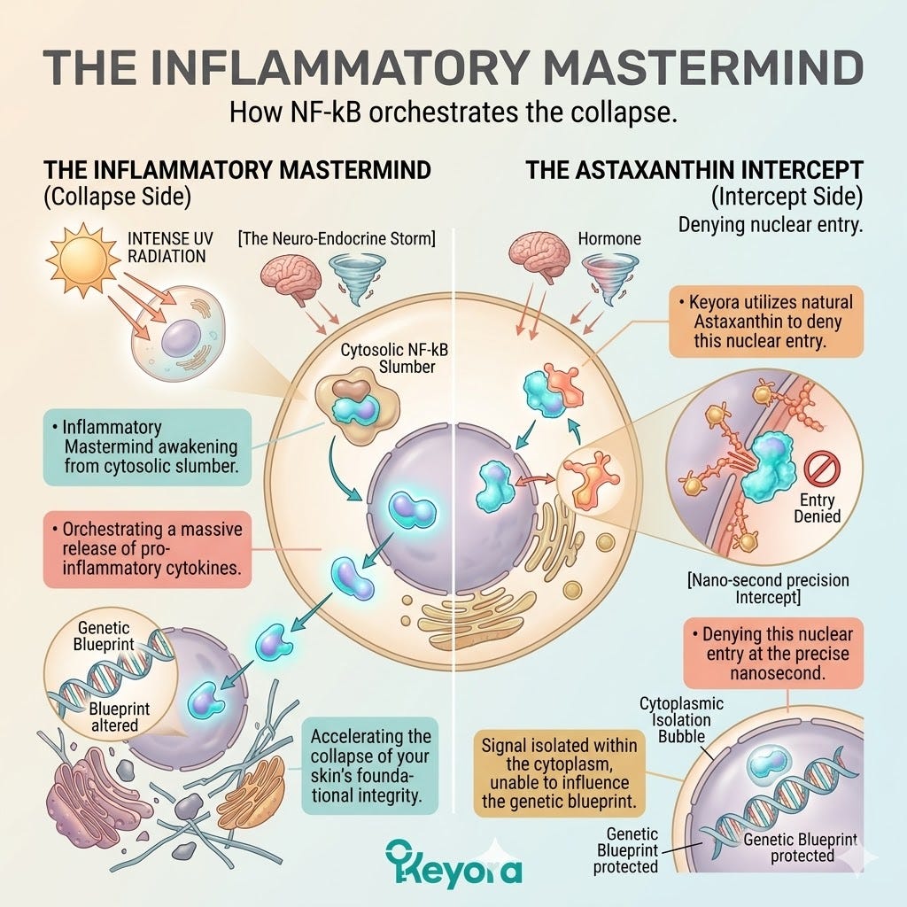 The Astaxanthin Intercept denies nuclear entry to NF-kB and pro-inflammatory cytokines to arrest the Neuro-Endocrine Storm for Dermal Sovereignty. The Astaxanthin Intercept denies nuclear entry to NF-kB and pro-inflammatory cytokines to arrest the Neuro-Endocrine Storm for Dermal Sovereignty.
