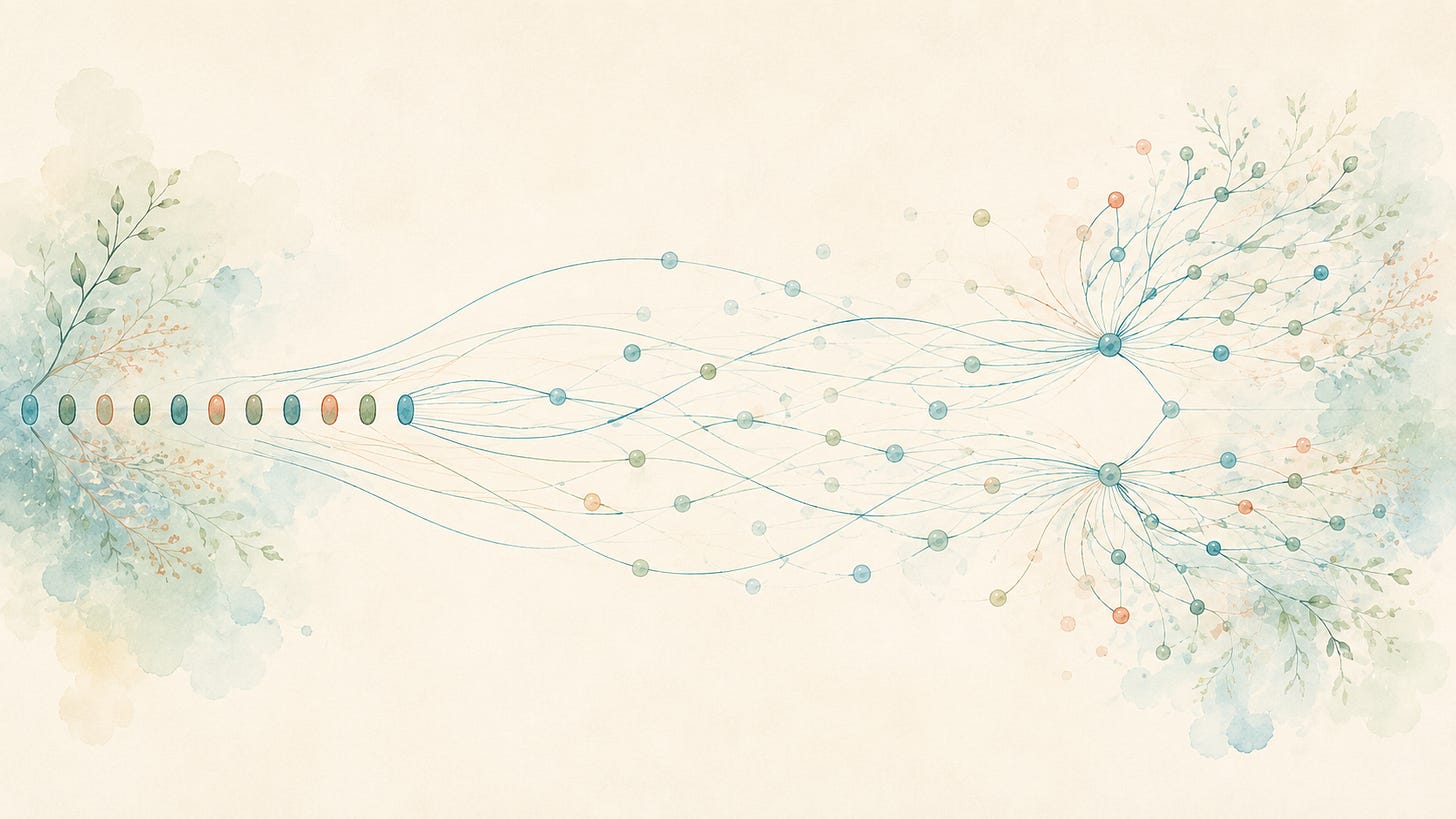 A row of colored marks connects through fine teal strands and scattered nodes to two branching structures.