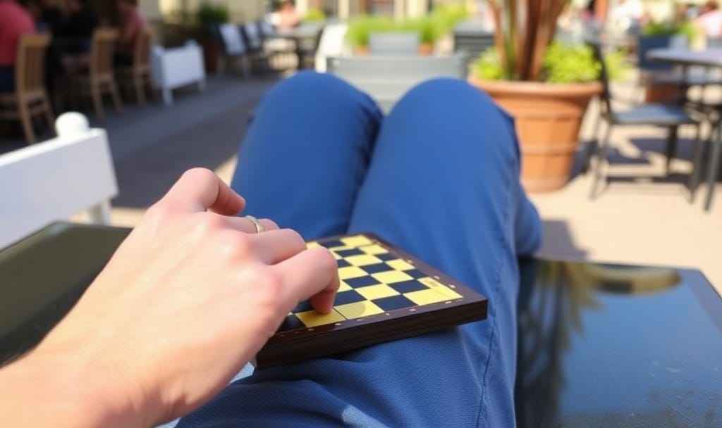 As I sat out in the sun outside the restaurant, I took out my mini folding magnetic chessboard