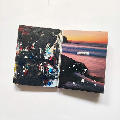 Two mixed media art journal spreads and one detail. The first is dark, with collage and paint and the words "body and soul." The second is a close-up of a painting of a girl staring to the right. At right is a full spread, in teal and light green, of ballet dancers.