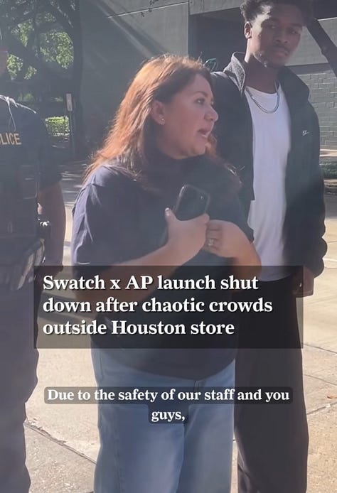 Nine-panel grid of social media screenshots and news footage documenting the chaotic global launch of the Swatch x Audemars Piguet Royal Pop collaboration. Top row shows crowds gathered outside boutiques, a young man in a trench coat captioned "For Swatch x AP Collab," and a dense crowd inside a London-themed Swatch store. Middle row shows hundreds of people lined up outside a storefront at dawn, security personnel on a mezzanine overlooking a packed lower level, and a caption reading "Swatch X Ap Line Valley Fair 6 AM" with crying and broken-heart emojis over a sea of shoppers. Bottom row shows a news broadcast headline "Swatch x AP launch shut down after chaotic crowds outside Houston store," a meme of a pregnant woman holding a glass of wine captioned "No it doesn't affect my baby" with the Swatch and AP storefront in the background and "30 years later" overlaid, and a final image of a raucous crowd with raised arms outside a Swatch boutique. The collage captures the unruly scenes, flipper culture, and viral social media response surrounding the Royal Pop pocket watch release in May 2026.