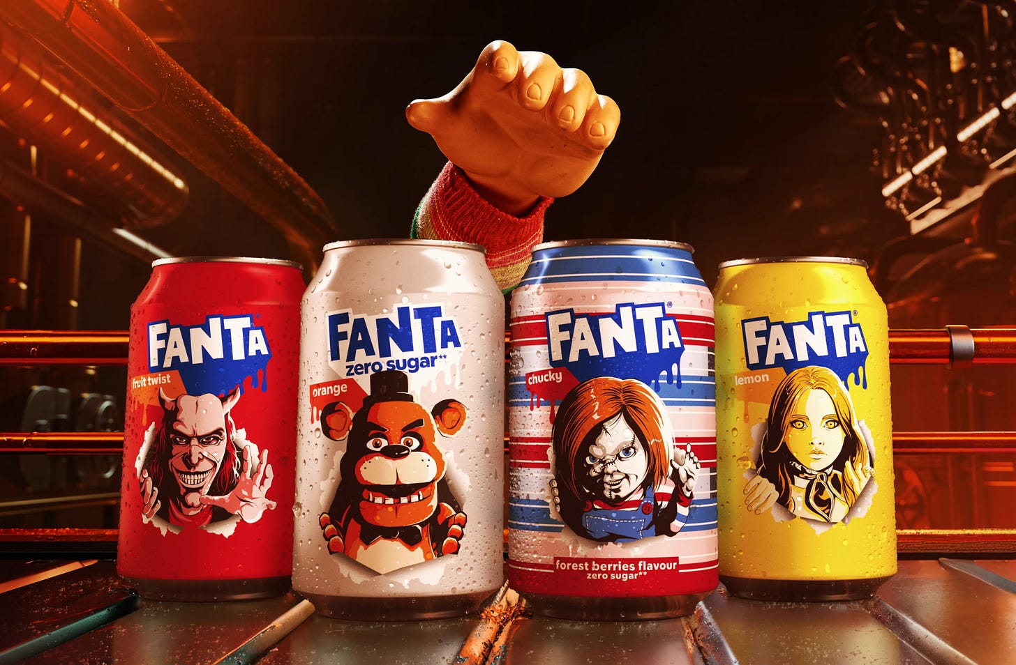 ©2025 The Coca‑Cola Company. FANTA is a registered trademark of The Coca‑Cola Company. © Universal City Studios LLC. All Rights Reserved. Chucky Franchise © Universal City Studios LLC. All Rights Reserved. © 2025 S. Cawthon; Scott Cawthon Productions and Universal City Studios LLC. All Rights Reserved.
