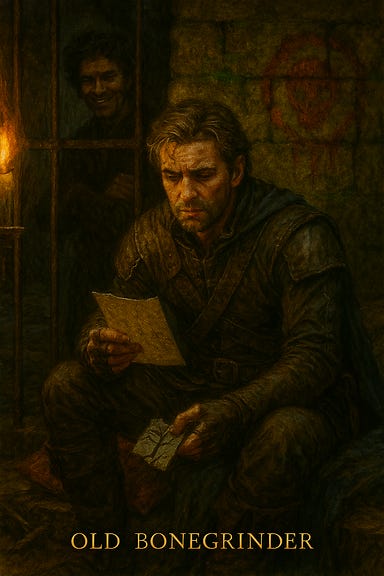 Greegan, visually inspired by Matt Ryan and dressed in rogue's leathers, sits in a dimly lit prison cell. The stone walls are damp and cracked, and rusted iron bars cast long shadows across the floor. Greegan leans against the wall, one knee up, his expression a mix of defiance and weariness. Across from him sits Lyren—whole, smiling, and shadow-shaped—his grin gleaming like a broken coin. Lyren's posture is relaxed, but his eyes are sharp, taunting. The Iron Ring insignia is painted on the walls in blood and laughter. The atmosphere is tense, haunted, and charged with betrayal and memory.