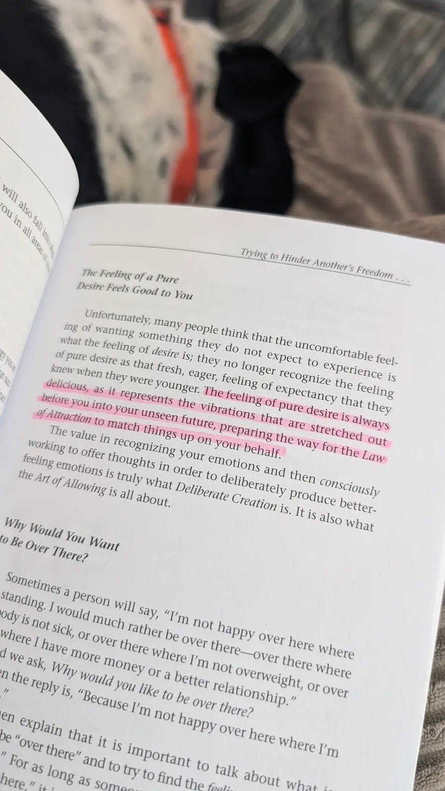 Photo of a book sitting on a brown blanket, with a highlighted paragraph of text on the page