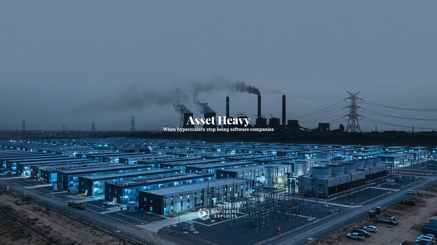 Industrial data center facility with power plant smokestacks and electrical transmission lines