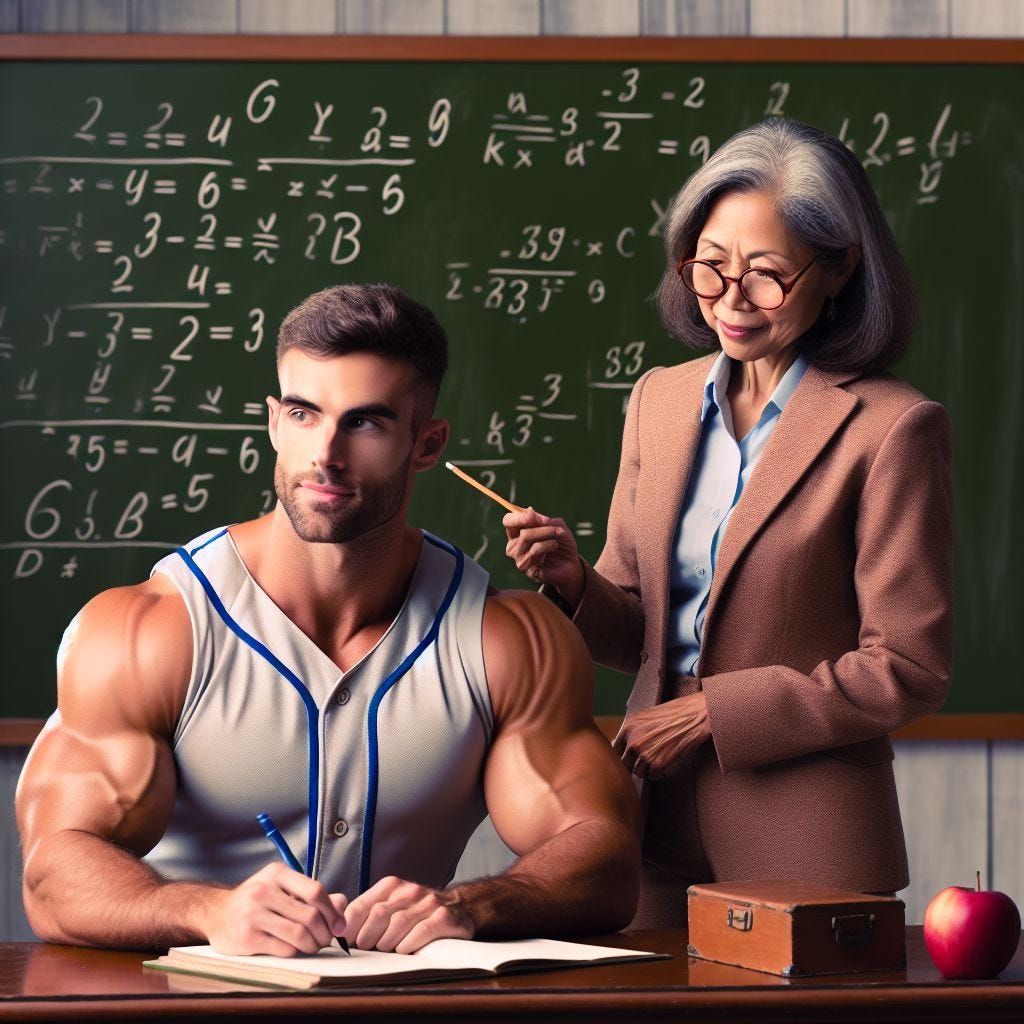 the baseball player Mark McGuire in a classroom writing notes while a teacher is up at the chalkboard teaching him