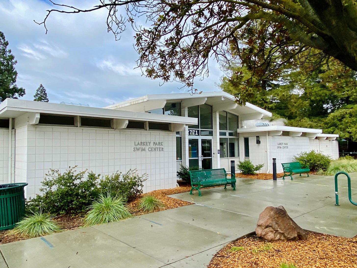 white swim center building with desert plants in front