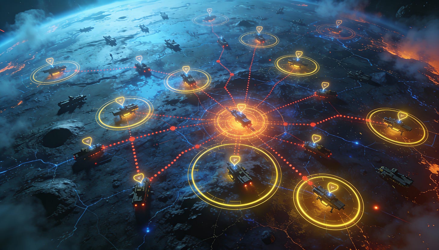 Helldivers 2-style mission map showing multiple simultaneous objectives scattered across hostile alien terrain, serving as visual metaphor for distributed cognitive processing handling multiple information streams in parallel.