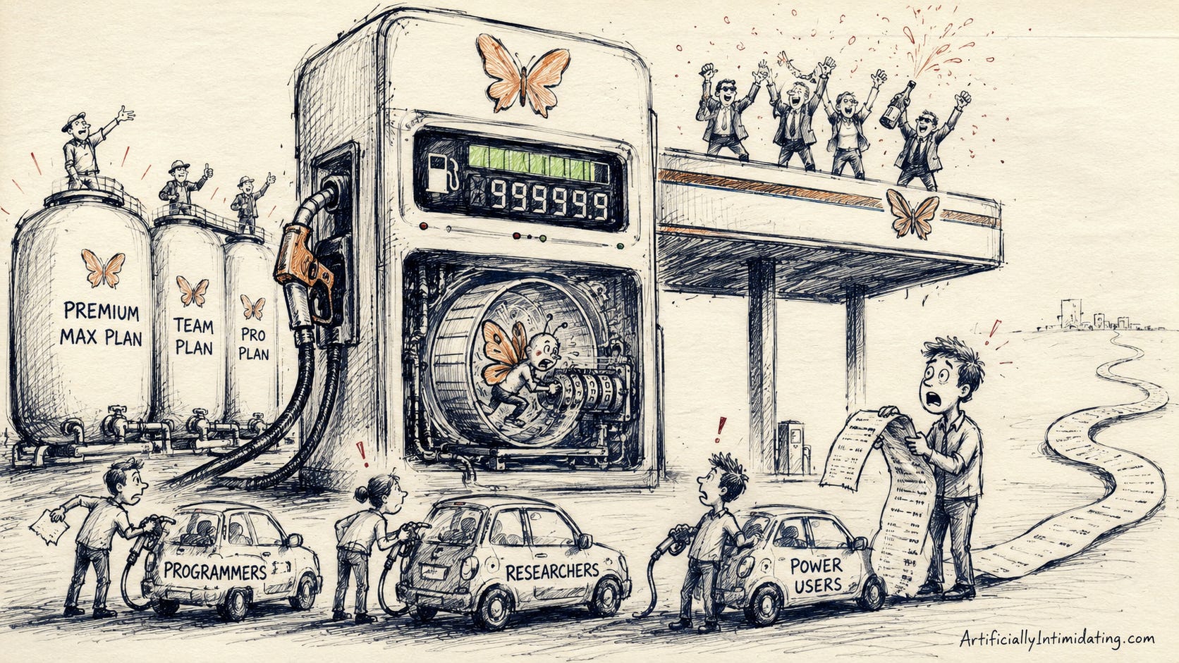 AI-generated editorial cartoon showing a giant Claude-themed gas pump with Anthropic butterfly branding. Tiny cars representing programmers, researchers, and power users run out of fuel almost immediately while a frantic butterfly-like AI creature secretly spins the pump meter at high speed. Anthropic executives celebrate on top of the gas station as a customer stares at an enormous receipt stretching across the parking lot, illustrating the gap between advertised AI subscription limits and actual usage allowances.