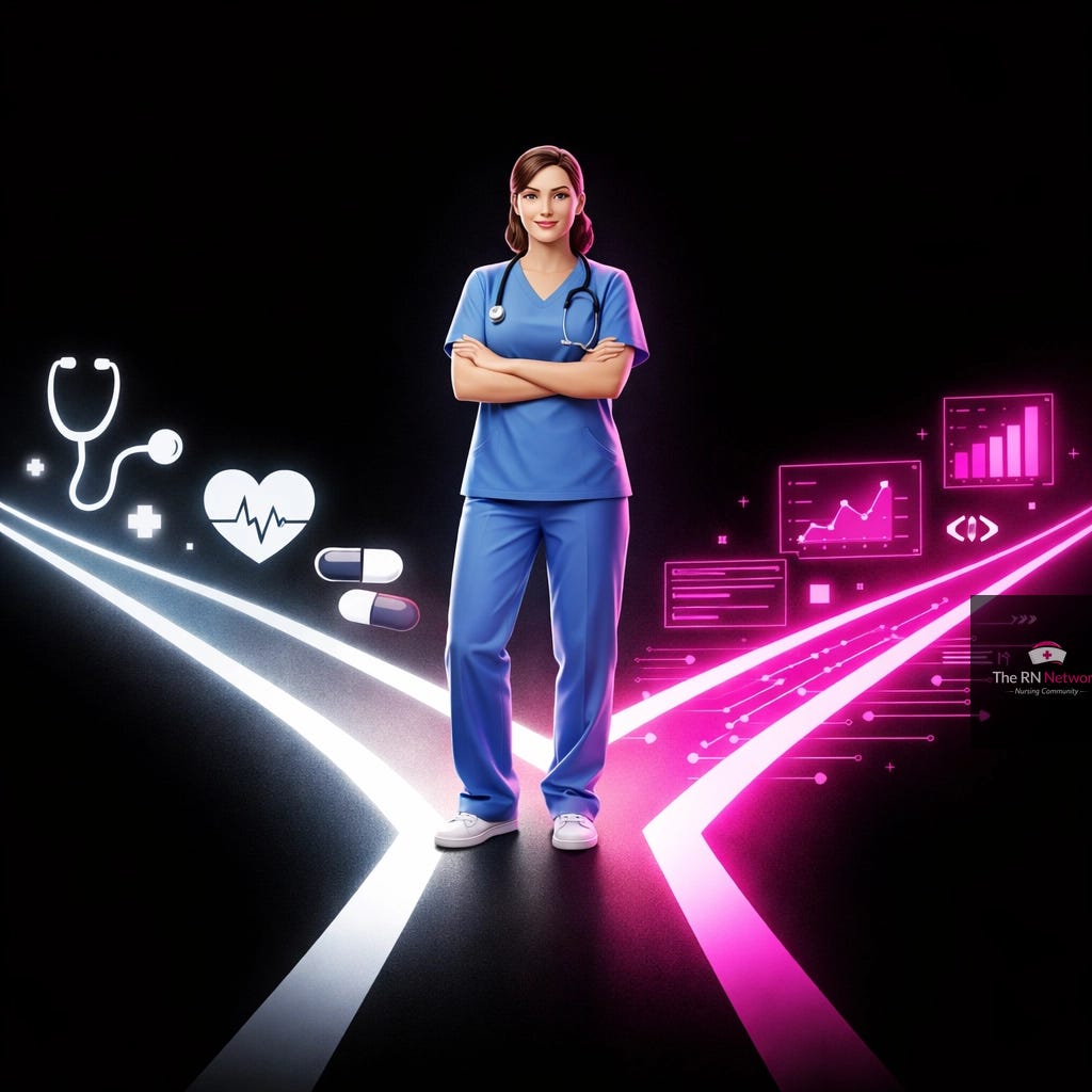 Nurse at crossroads between traditional healthcare and technology career pathways Nurse at crossroads between traditional healthcare and technology career pathways