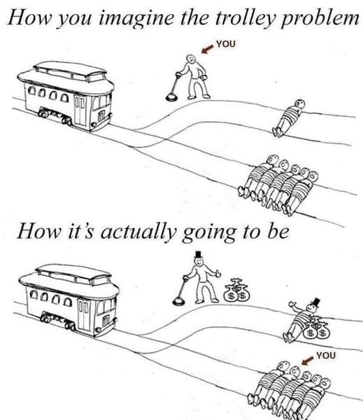 May be an image of segway and text that says 'How you imagine the trolley problem YOU 00000 How it's actually going to be 0000 YOU'