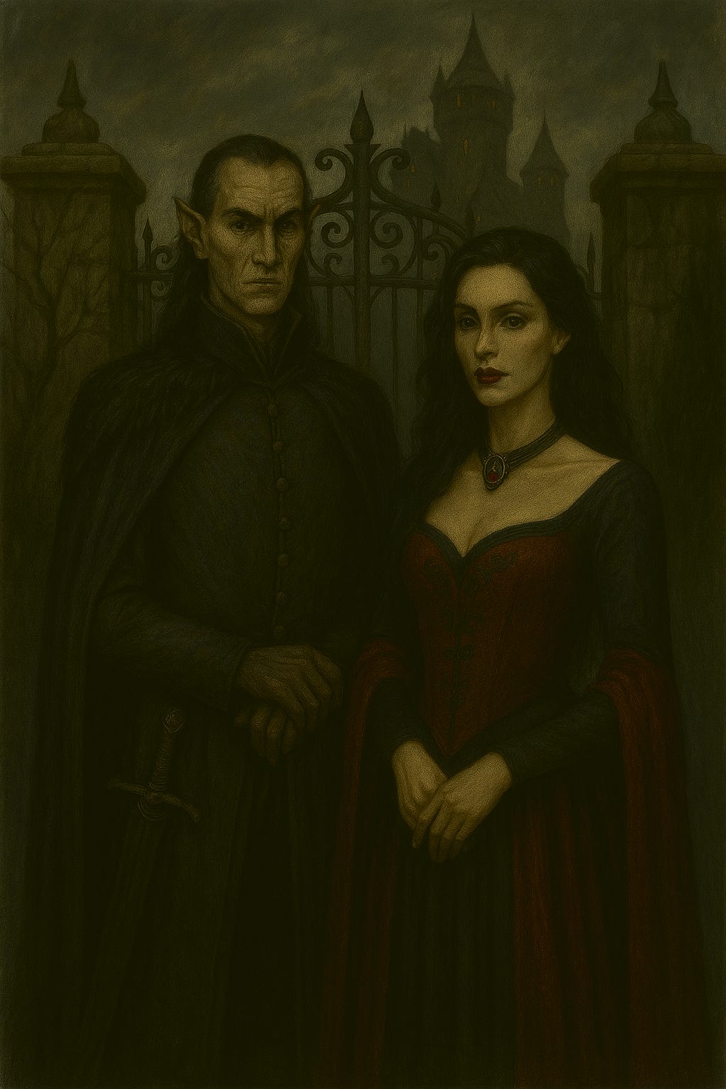 Rahadin and Anastryasa stand together at the gates of Castle Ravenloft, rendered according to their defined feature palettes. Rahadin is tall and gaunt, with angular features and long, silver-streaked dark hair swept back. His expression is unreadable, his eyes cold and calculating. He wears a high-collared cloak of deep gray and black, embroidered with subtle patterns of mourning and silence. His armor is ceremonial, etched with ancient elven motifs. Beside him stands Anastryasa Karelova, elegant and composed, her dark hair styled in regal waves. Her gown is deep wine red and midnight black, with cold silver embroidery and velvet textures. Her posture is poised, her gaze assessing, and her presence chillingly serene. The gates of Ravenloft loom behind them—iron and stone, flanked by gargoyle statues and shrouded in mist. The sky is stormy, casting dramatic shadows across the scene. Candlelight flickers from sconces on the gate pillars, illuminating their faces with eerie warmth.