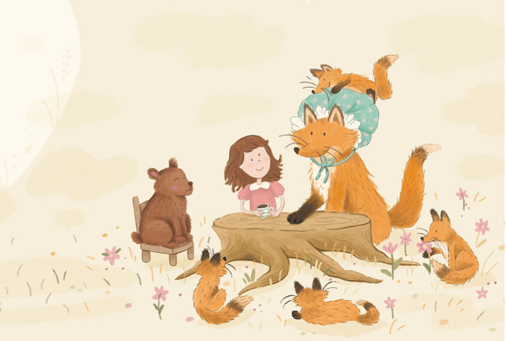 Four color illustrations: a book cover with a girl and a sloth hugging a pink heart that says "Lily Alice and the Best Snuggle Ever," written by Kassondra Cloos and illustrated by Belén Salov; a family of crows; a possum with babies on its back; and a little girl in a pink dress sitting at a tree stump with a baby bear and a mother fox in a blue bonnet surrounded by her kits.