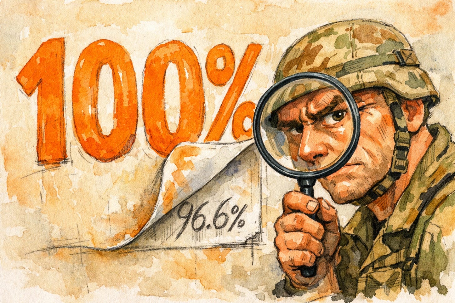 A skeptical eye examining a large "100%" sign that's peeling at the corner to reveal layers of fine print underneath, rendered in rough orange-forward illustration style