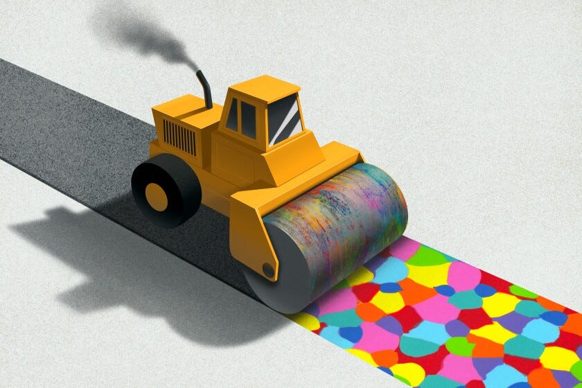 Illustration of a steamroller rolling over a colorful road and leaving gray asphalt in its wake. Illustration of a steamroller rolling over a colorful road and leaving gray asphalt in its wake.