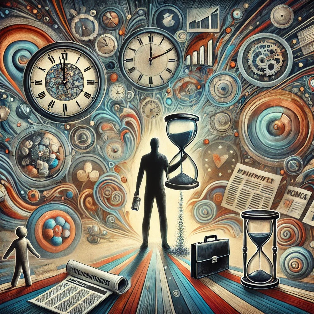 An image symbolizing the challenge of balancing limited time and mental energy amidst life's demands and misinformation, without any text. A figure stands in the center, surrounded by swirling clocks, symbols of information overload (newspapers, data streams), and representations of family, work, and self-care (family figures, briefcase, yoga mat). The figure holds an hourglass with sand slipping quickly, symbolizing limited time. The background is a blend of calm and chaotic colors, representing the struggle to find peace and balance while managing multiple obligations and information sources.