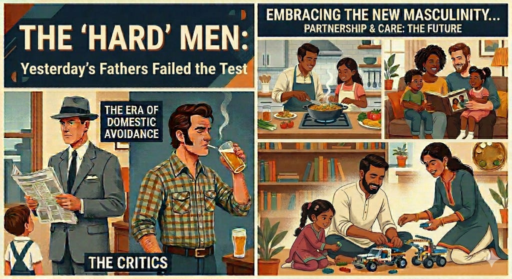 An infographic titled "THE 'HARD' MEN: Yesterday's Fathers Failed the Test," contrasting mid-20th-century parenting with modern, inclusive fatherhood.

The left side, labeled "THE CRITICS," features two retro-style illustrations: one of a father in a suit and fedora ignoring his son to read a newspaper, captioned "THE ERA OF DOMESTIC AVOIDANCE," and another of a man in a flannel shirt smoking and drinking beer.

The right side, titled "EMBRACING THE NEW MASCULINITY... PARTNERSHIP & CARE: THE FUTURE," displays three scenes of diverse, involved parenting:

Top Left: A Black father and his teenage daughter smiling while cooking together at a stove.

Top Right: An interracial couple (Black woman and White man) sitting on a couch reading a book with their two mixed-race children.

Bottom: A wide scene of a South Asian couple sitting on the floor of a library or living room, happily building a large LEGO vehicle with their young daughter.

The overall style is a clean, vintage-inspired digital illustration with a warm color palette.